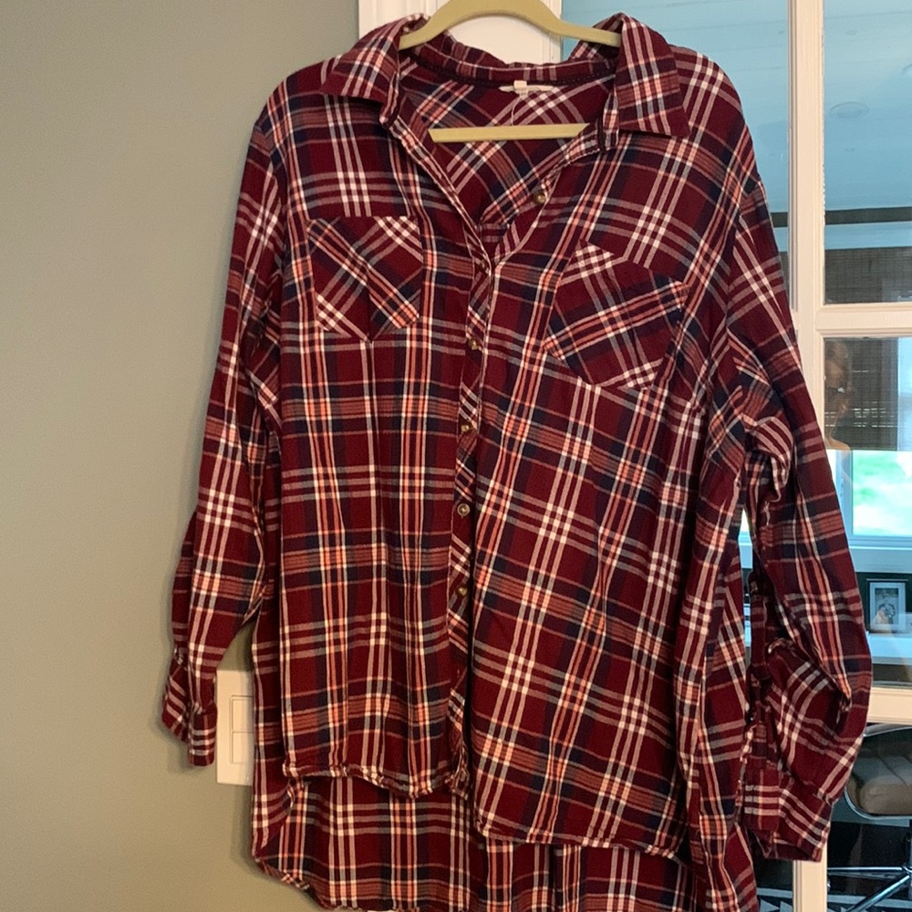 3X maroon plaid button down top